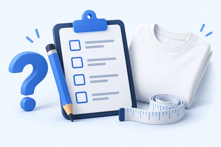 Illustration of a four-part preparation checklist, a folded T-shirt, measuring tape and a question mark
