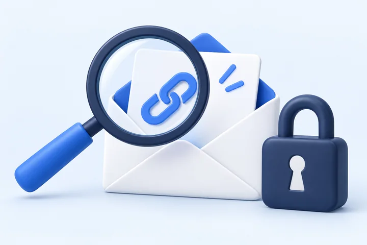 Illustration of a message link examined with a magnifying glass beside a closed padlock