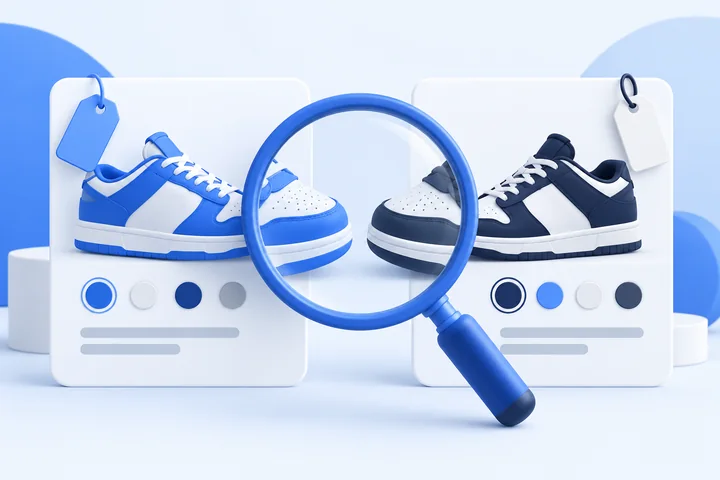 Illustration of two sneaker listing cards with different color options and a magnifying glass