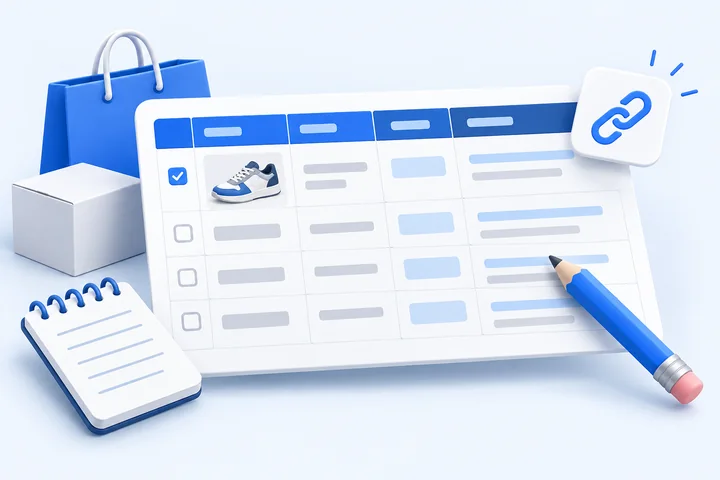 Hipobuy Spreadsheet shortlist worksheet illustration with rows, saved links and a pencil