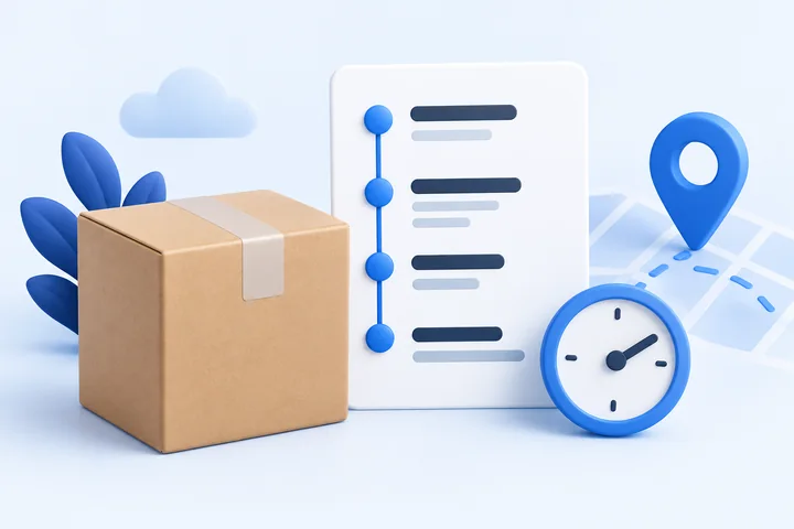 Illustration of a parcel beside a tracking-event timeline, clock and location pin