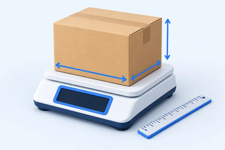 Illustration of a shipping box on a parcel scale with arrows showing its three dimensions