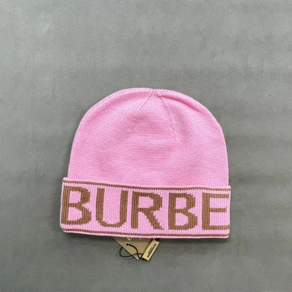 Pink logo beanie shown in the linked Burberry catalog listing
