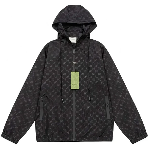 Black monogram hooded jacket shown in the linked Gucci catalog listing
