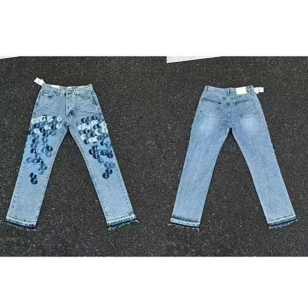 Blue embroidered jeans shown in the linked A Bathing Ape catalog listing