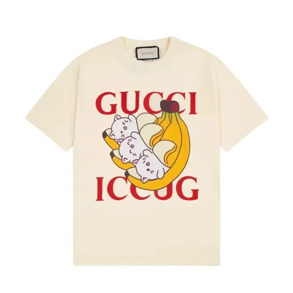 Cream banana-graphic tee shown in the linked Gucci catalog listing