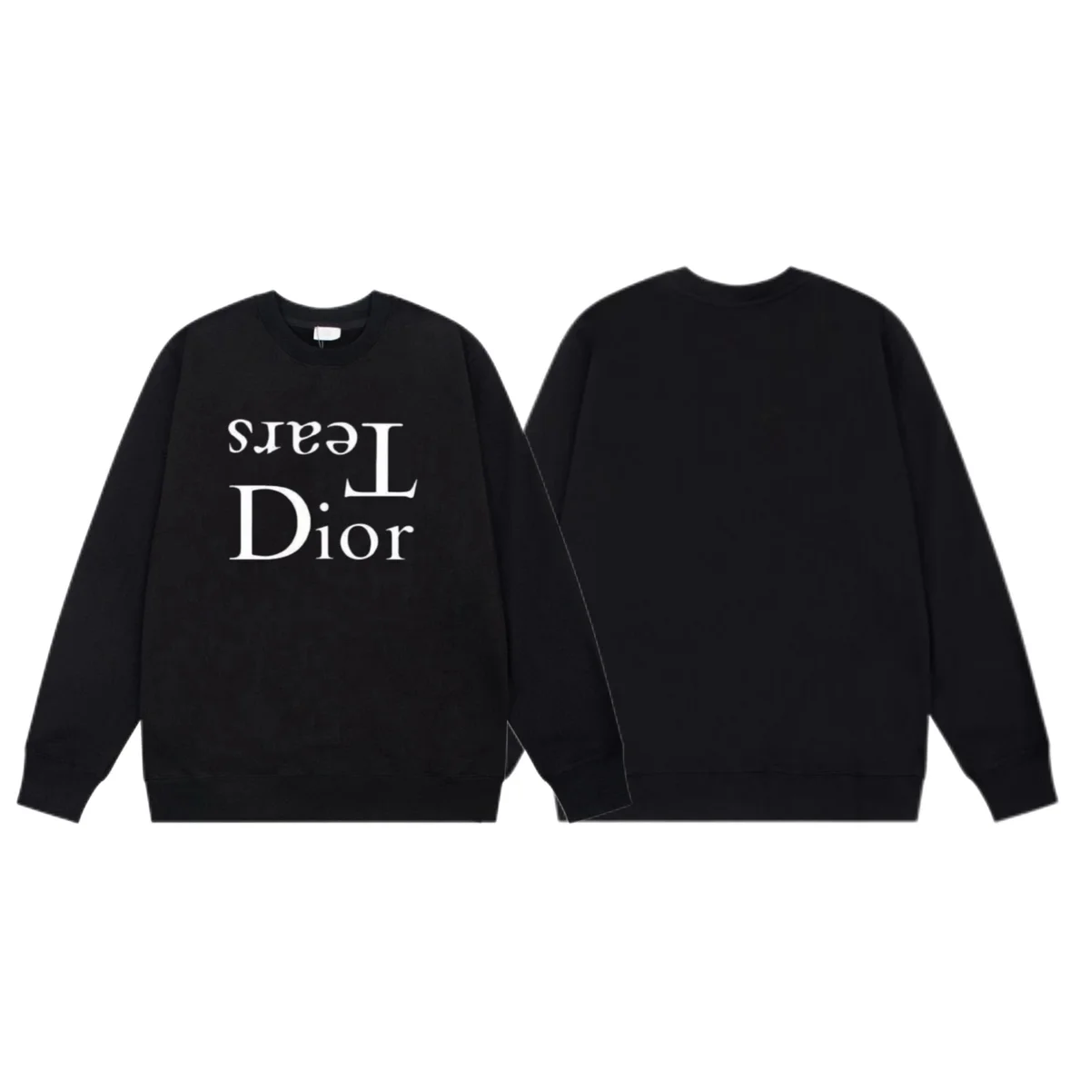 Front and back views of a black crewneck sweatshirt with white Dior lettering