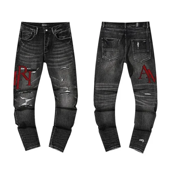 Black red-graphic jeans shown in the linked Amiri catalog listing