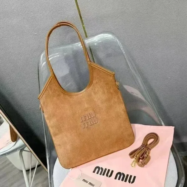 Tan shoulder bag shown in the linked Miu Miu catalog listing