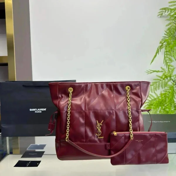 Burgundy chain-handle tote shown in the linked Saint Laurent catalog listing